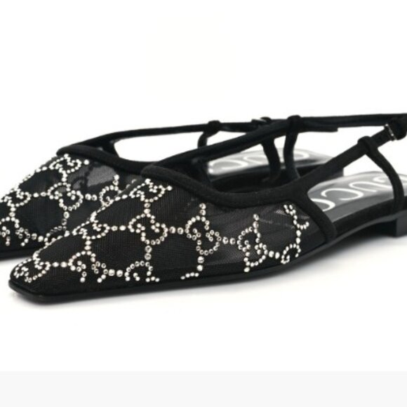 NWB Gucci GG Crystal Tela Ballet Flats Slingback Mules Blck Scamosciato 40 77662 - Picture 1 of 8